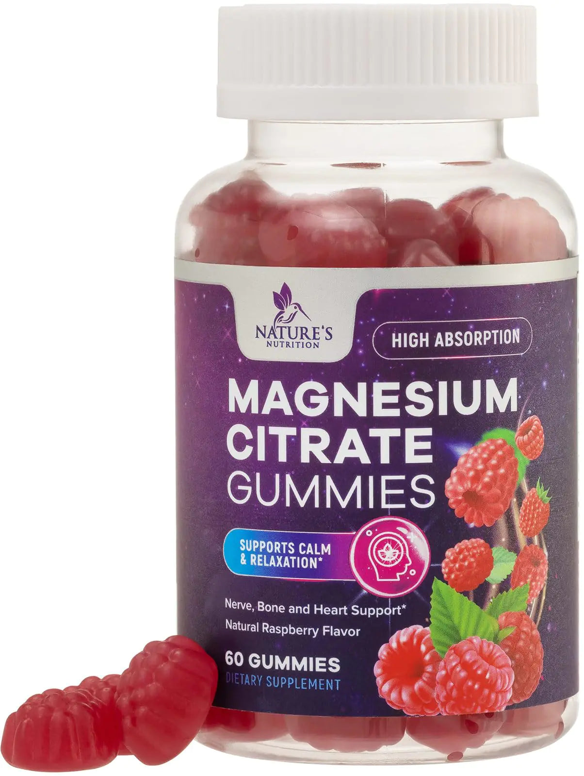 Magnesium Supplement Gummy - High Absorption Magnesium Citrate Supplement for Adults & Kids - Natures Calm Magnesium Gummies Dietary Supplements for Bone Muscle Health Heart Support - 60 Gummies